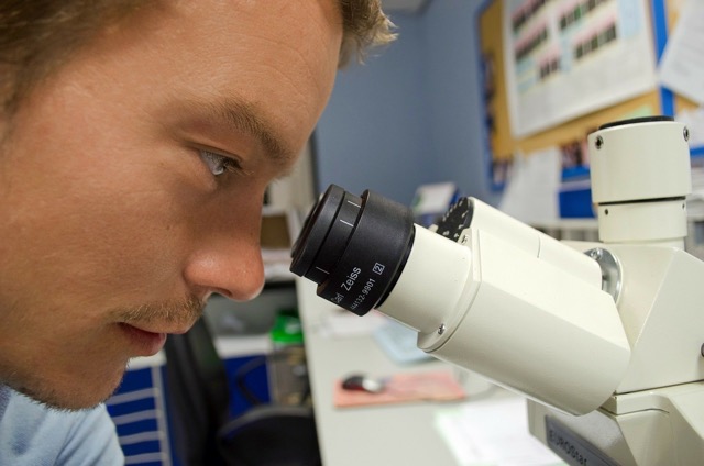 man looking into microscope